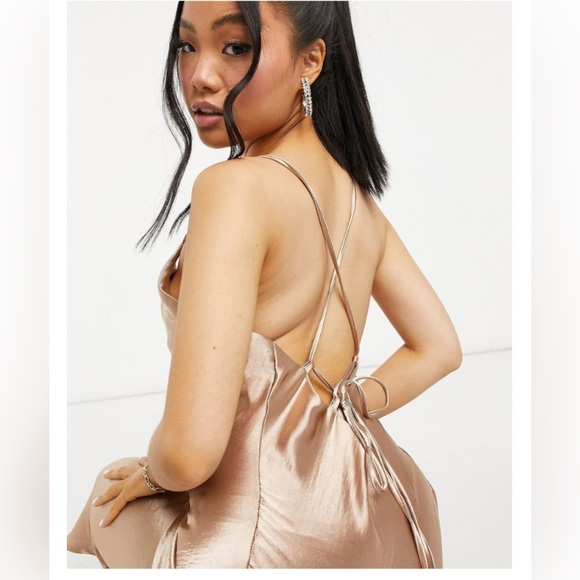 CHAMPAGNE/BRONZE SATIN SLIP DRESS - NEVER WORN - Picture 2 of 3